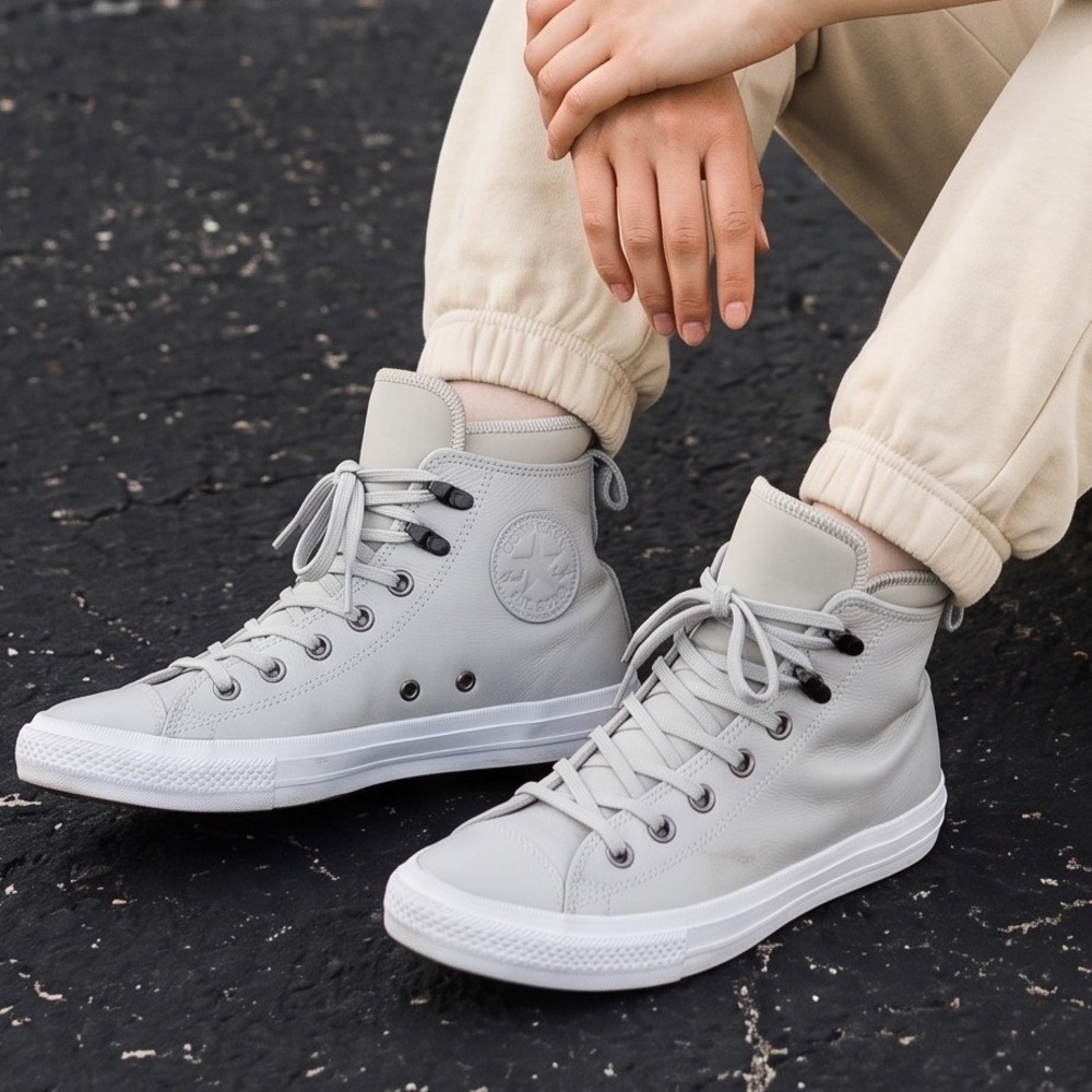 Converse Chuck Taylor All Star Hi Leather Mouse Grey Double Tongue  7.5W NWOT